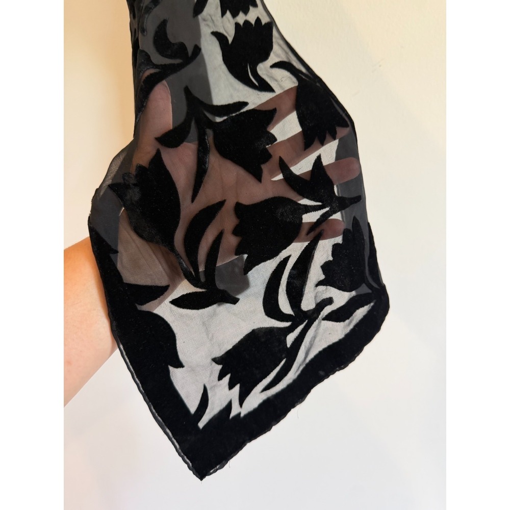 Vintage Burnout Velvet Chiffon Scarf Floral Sheer Black Boho Silk Blend 9x58in